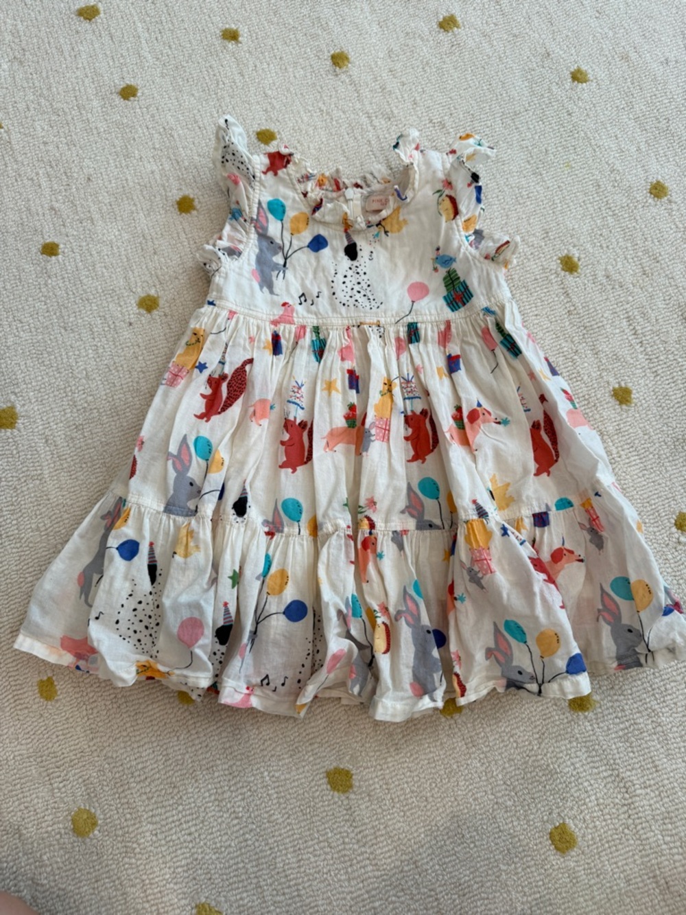 Pink Chicken White Dress with Multi-Color Animal & Balloon Print